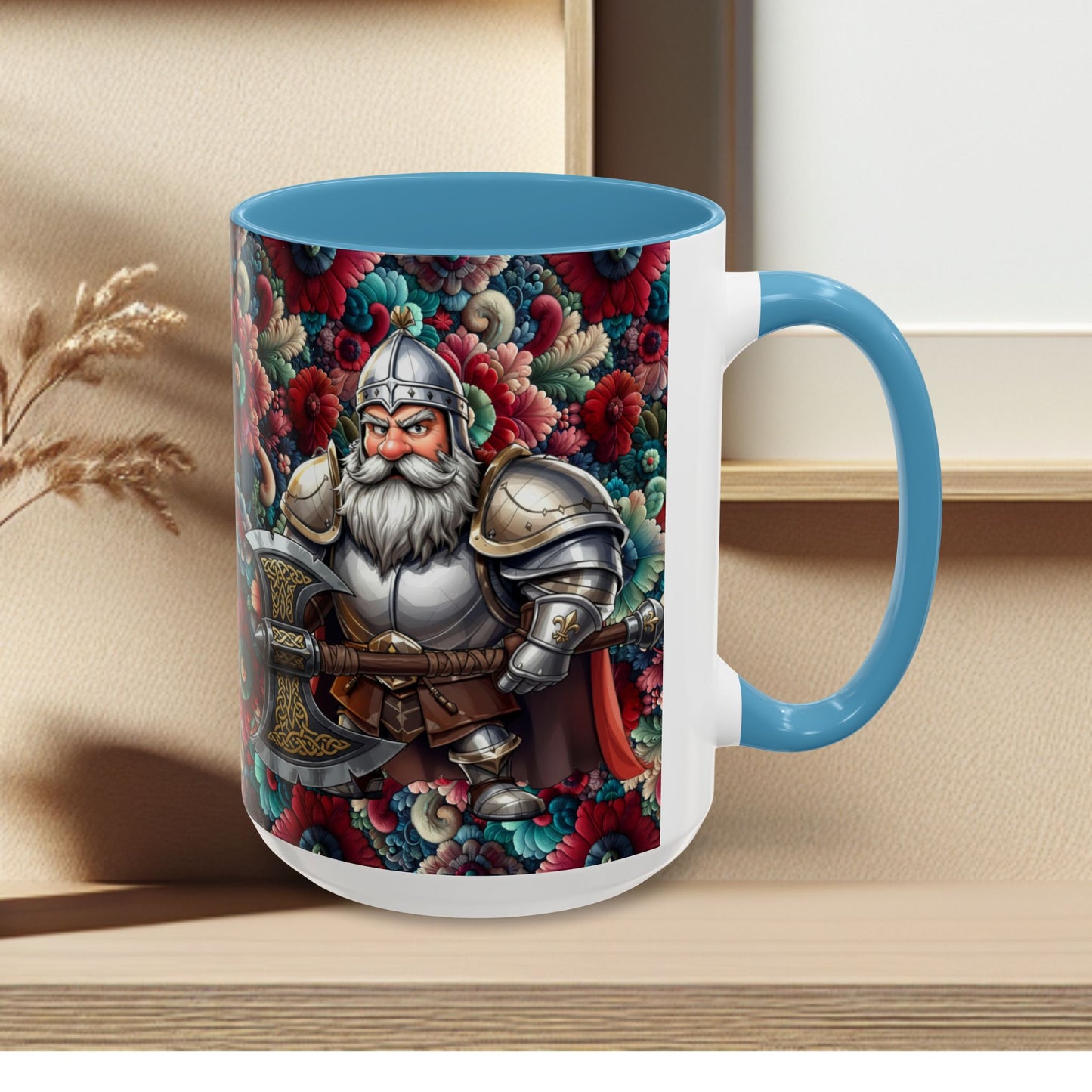 Adventurers Accent Coffee Mug — Dwarf within Armor with a Double-Bladed Battle Axe Design (11/15oz)