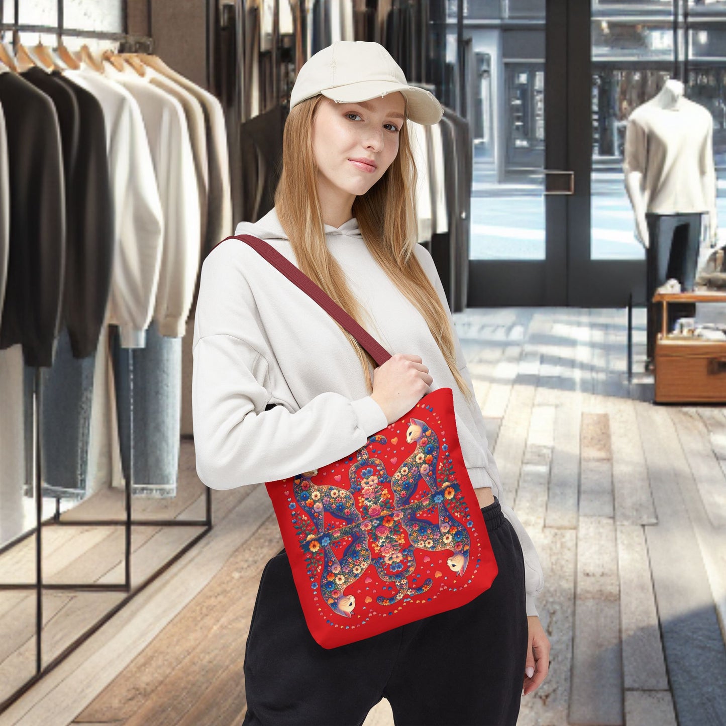 Loving Cat Flower Mozaic Tote Bag Dark Red