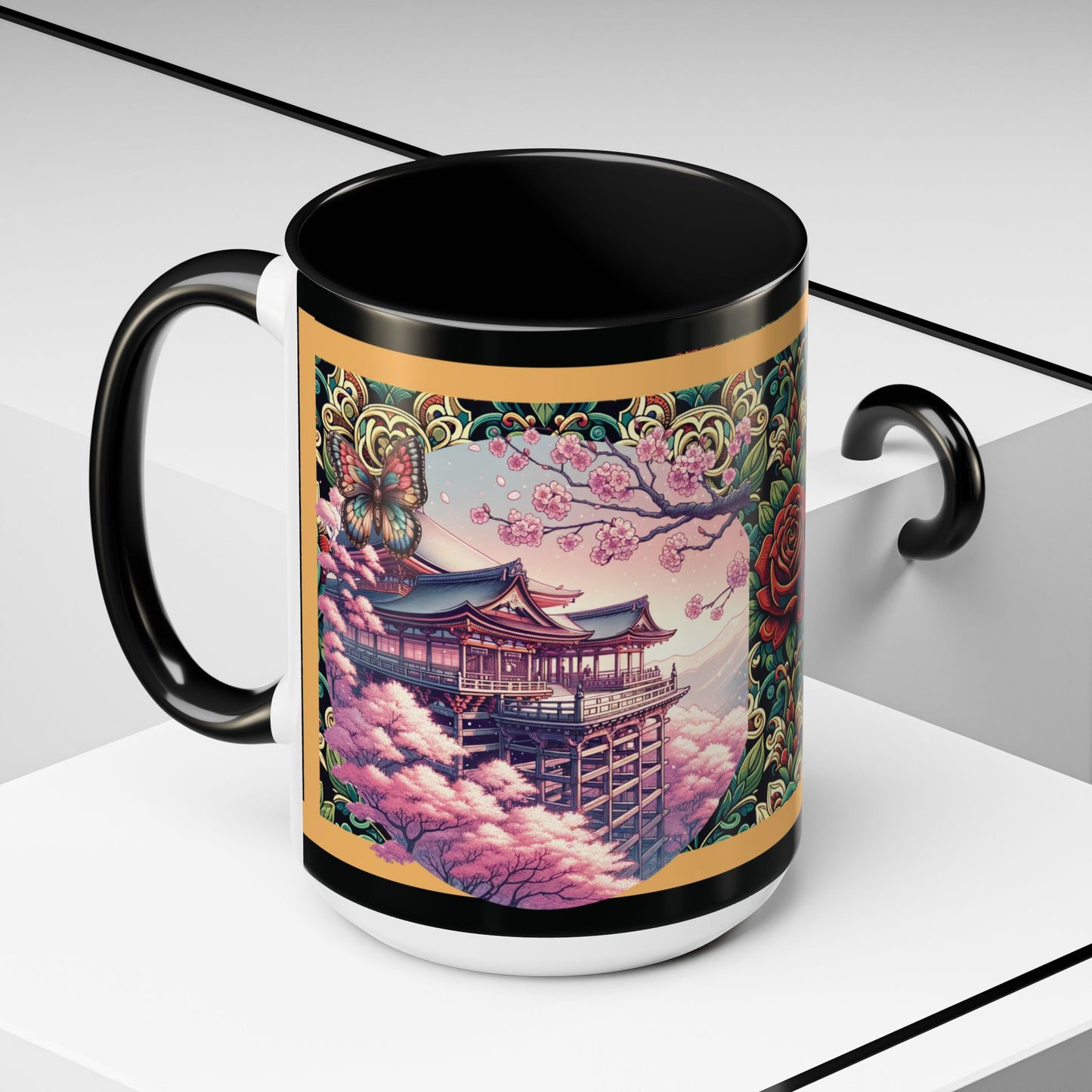 Mug - Sakura Butterfly Coffee Mug with Cherry Blossoms and a Rose