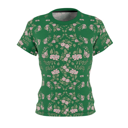 Women's Tee - Green with a pink floral print