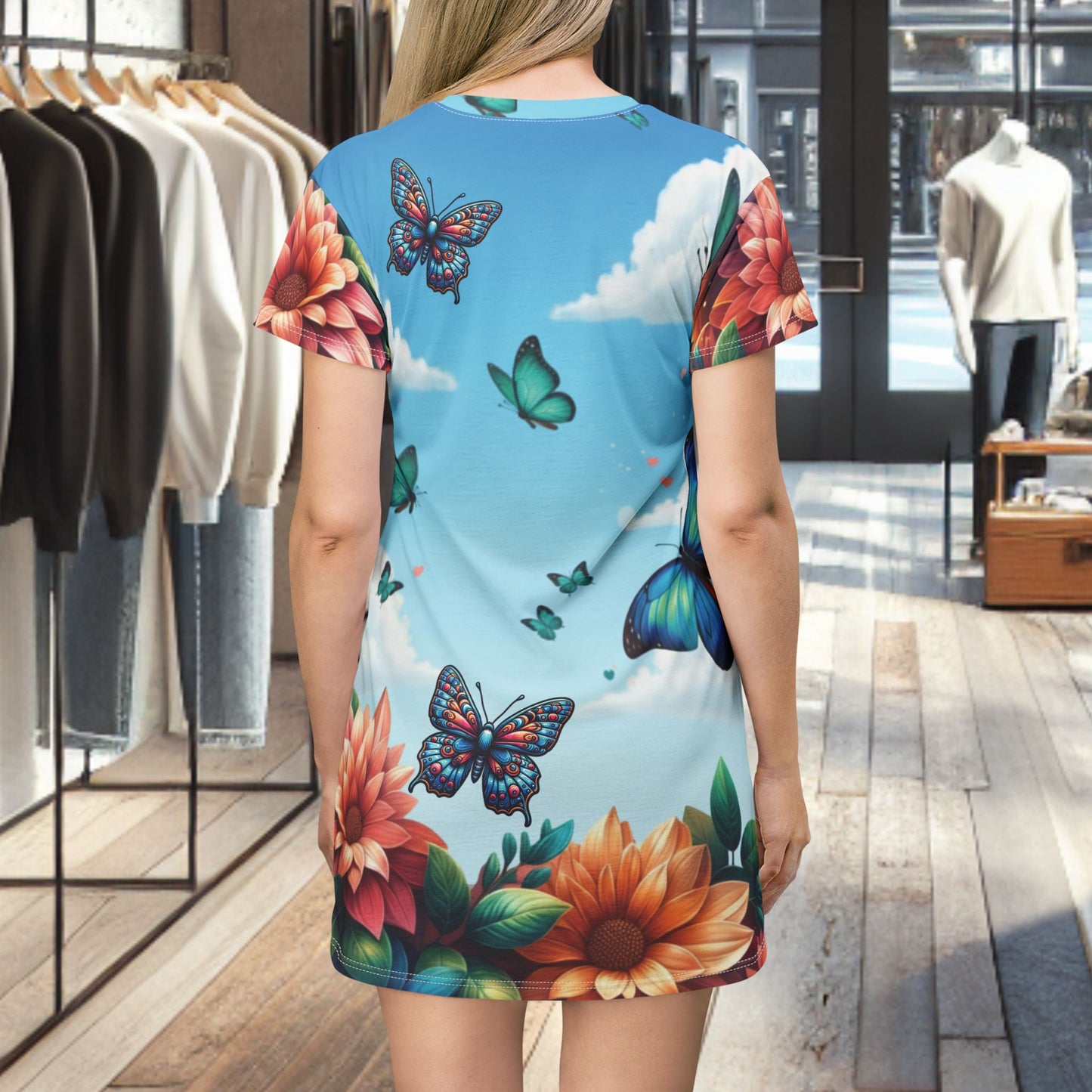 Butterfly Garden T-Shirt Dress — Floral All-Over Print