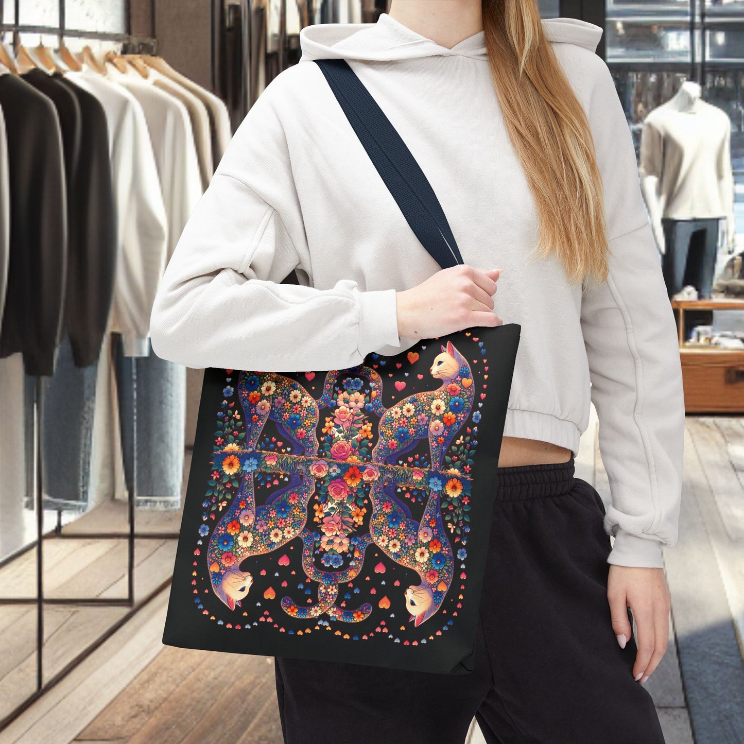 Mosaic Loving Cat Black Tote Bag (AOP)