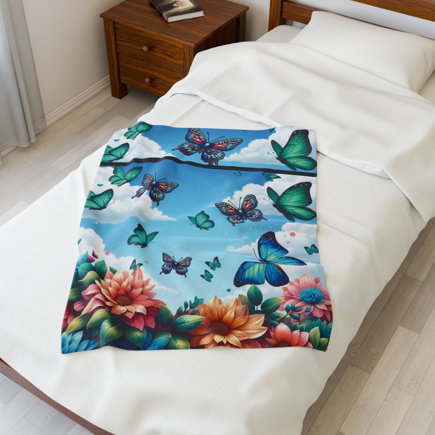Butterfly Garden Velveteen Plush Blanket — Floral Blue Sky Cozy Throw for Women & Kids