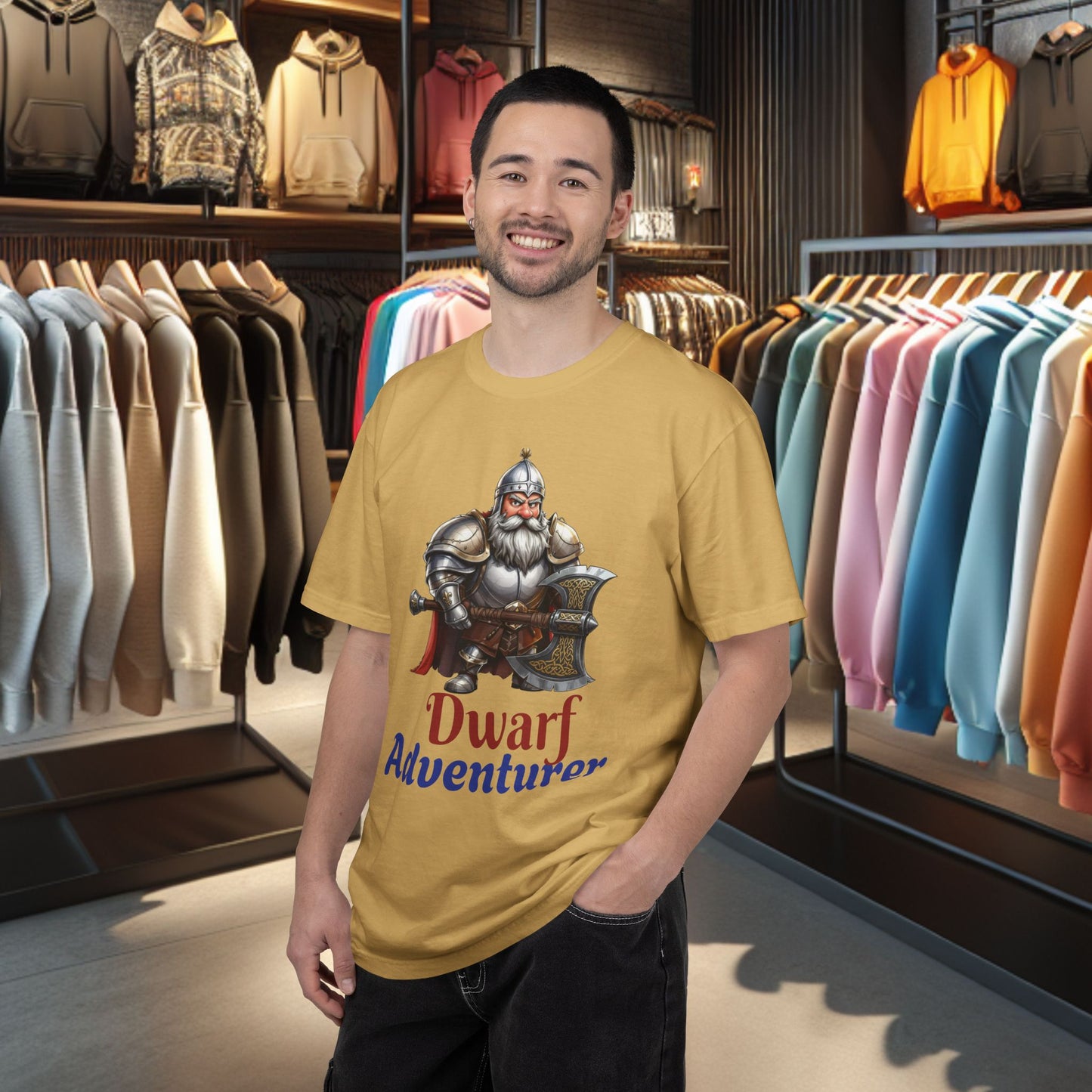 Dwarf Adventurer Tee — Dwarf with Armor and Battle Axe Graphic T-Shirt