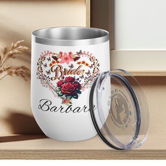 Personalized Bride's Heart Floral Wine 12oz Tumbler