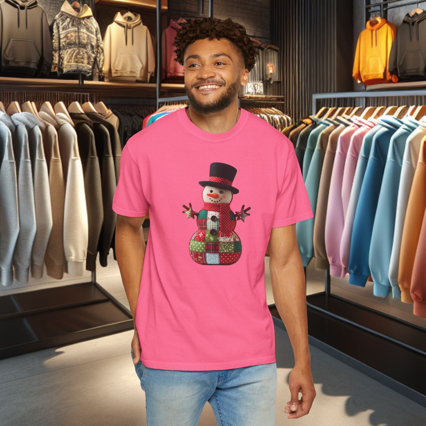 Patchwork Snowman T-Shirt — "Faux Patchwork" Garment-Dyed