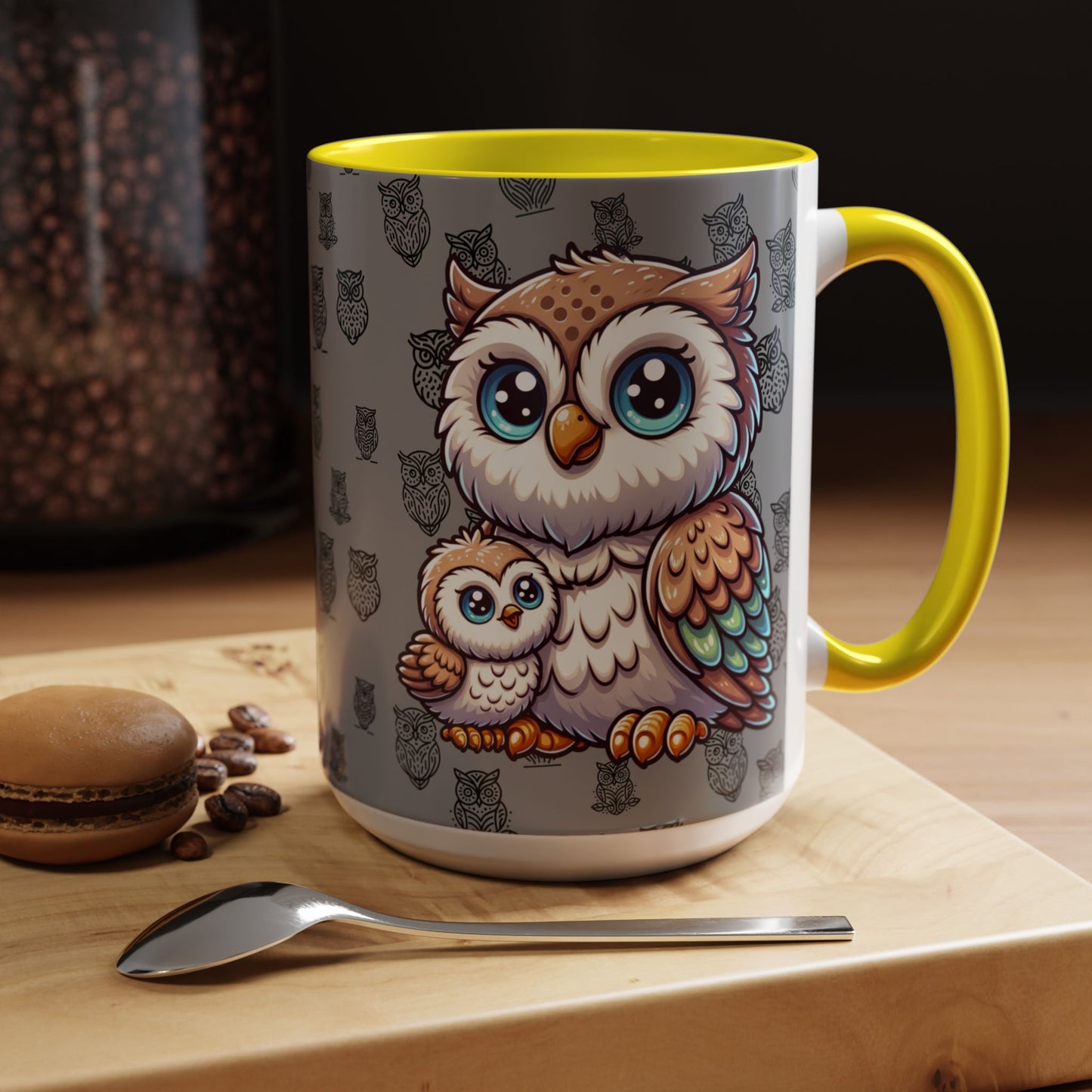 Gray Coffee Mug - Owl Family - Colorful Inspirational Owl Design