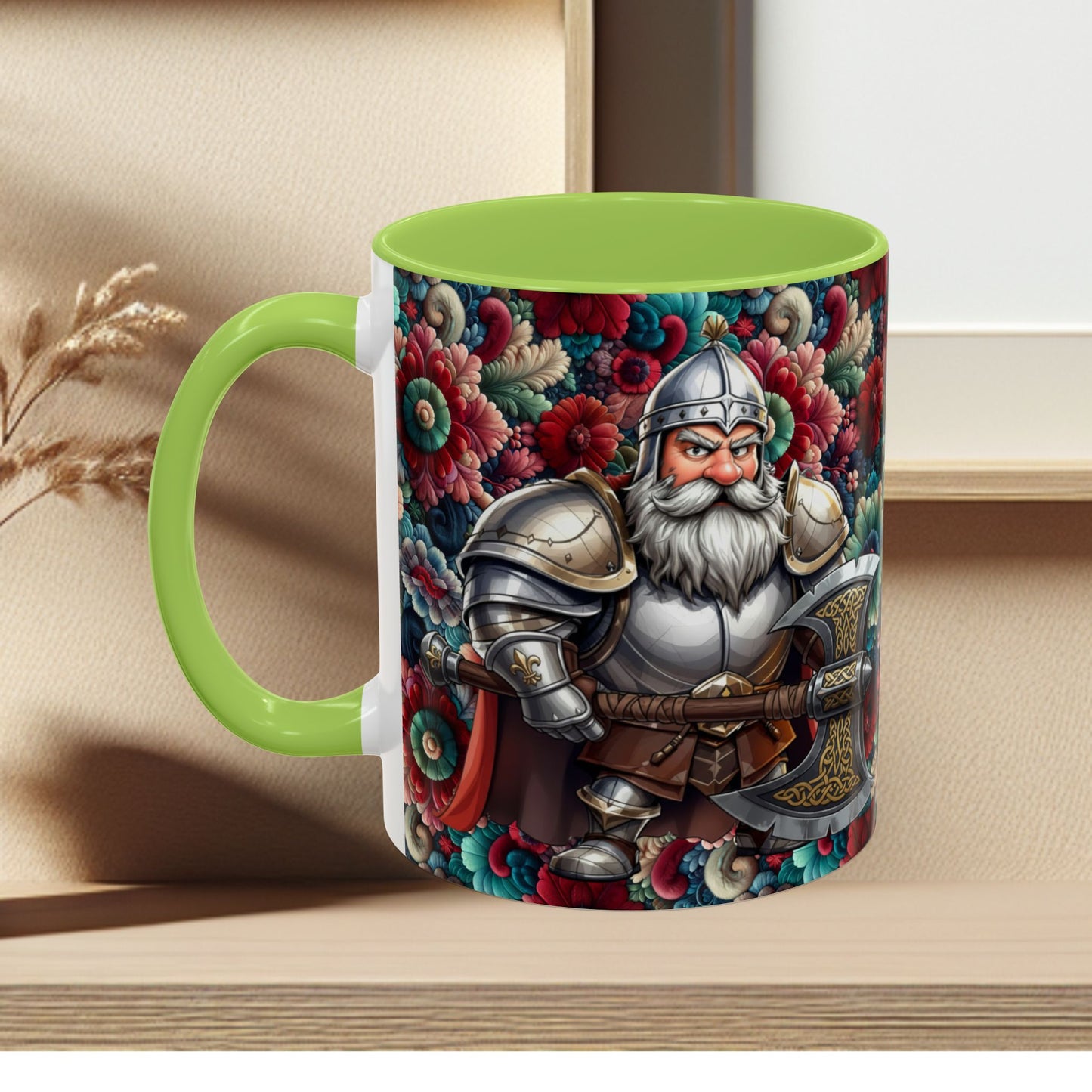 Adventurers Accent Coffee Mug — Dwarf within Armor with a Double-Bladed Battle Axe Design (11/15oz)