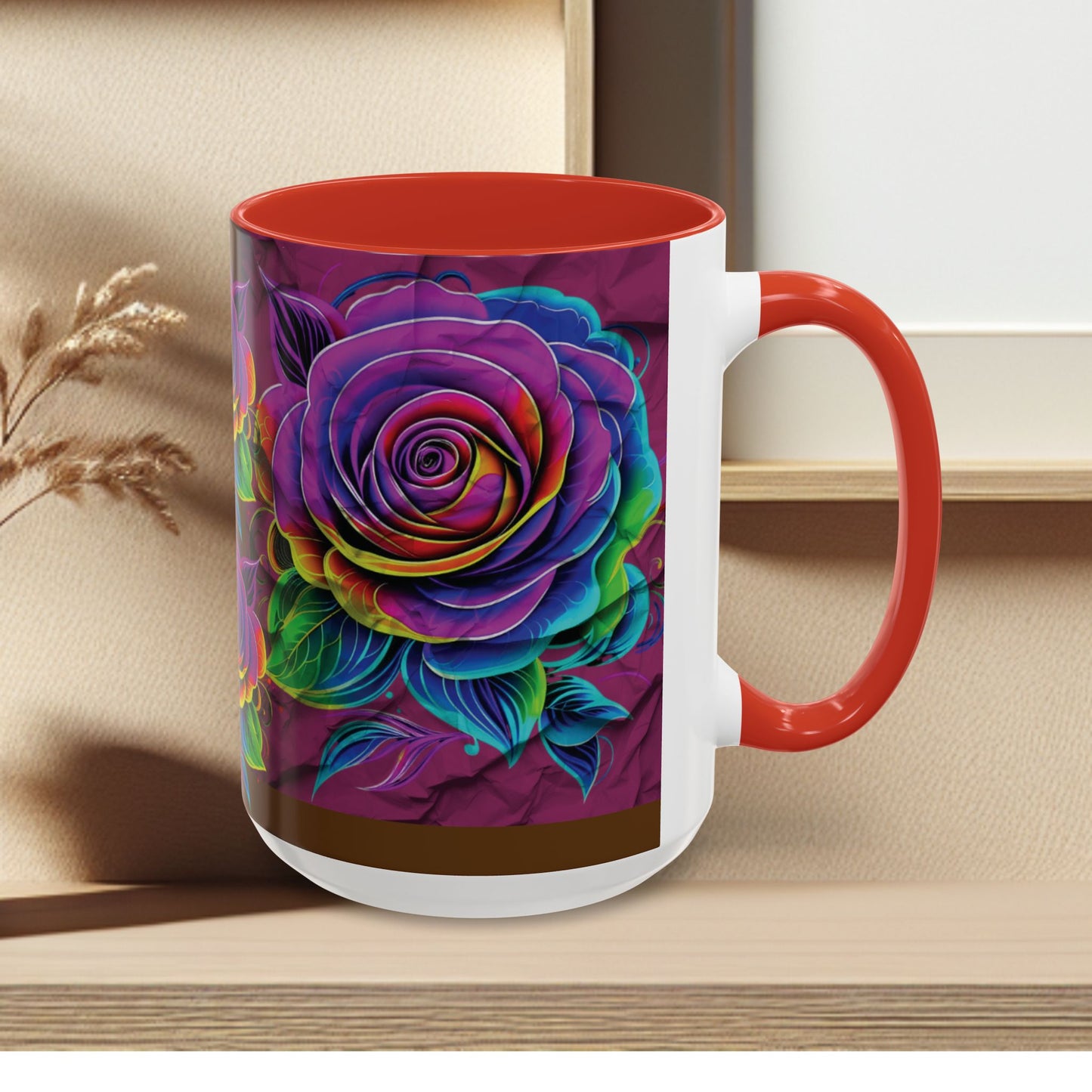 Rainbow Rose Accent Coffee Mug — Colorful Floral 11/15oz