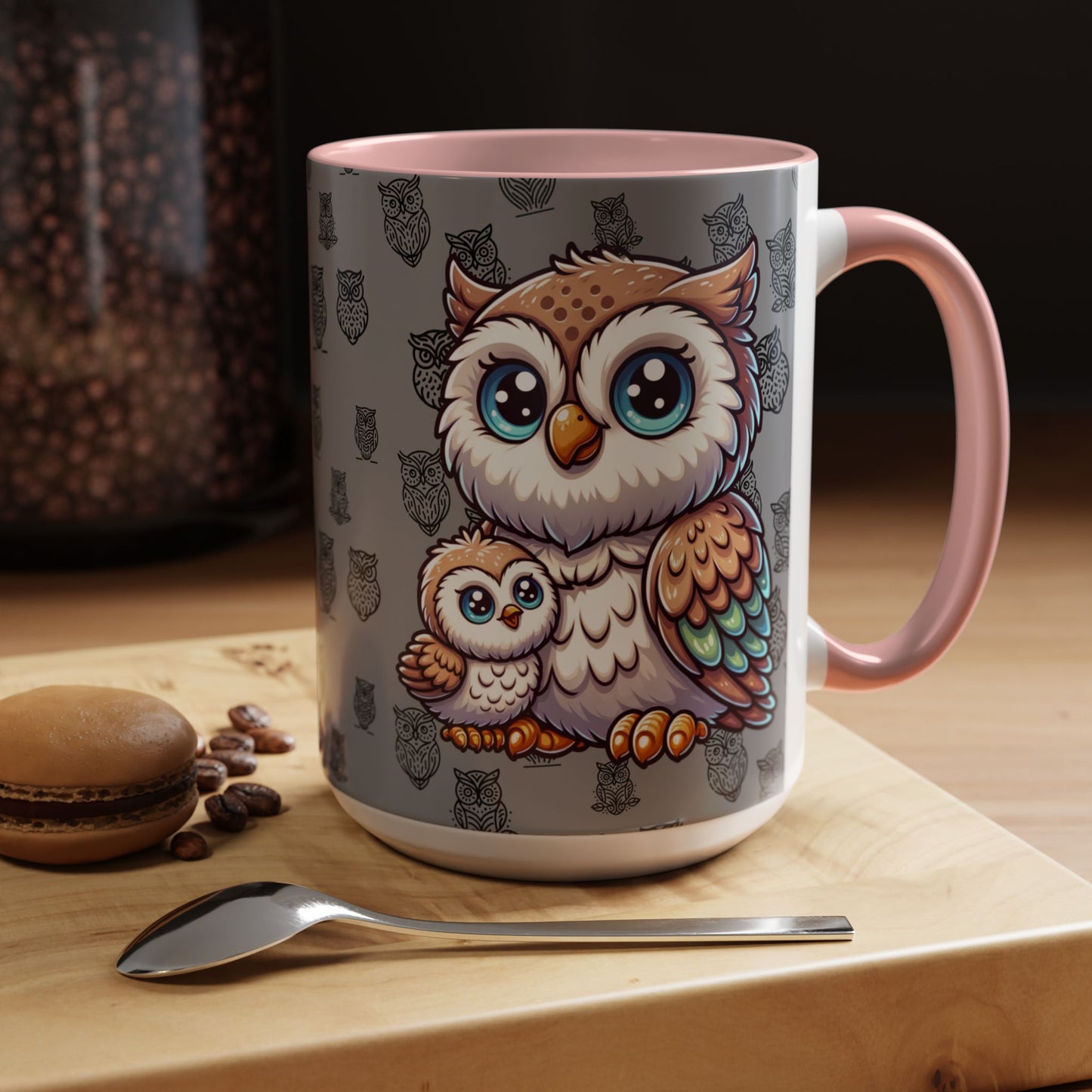Gray Coffee Mug - Owl Family - Colorful Inspirational Owl Design