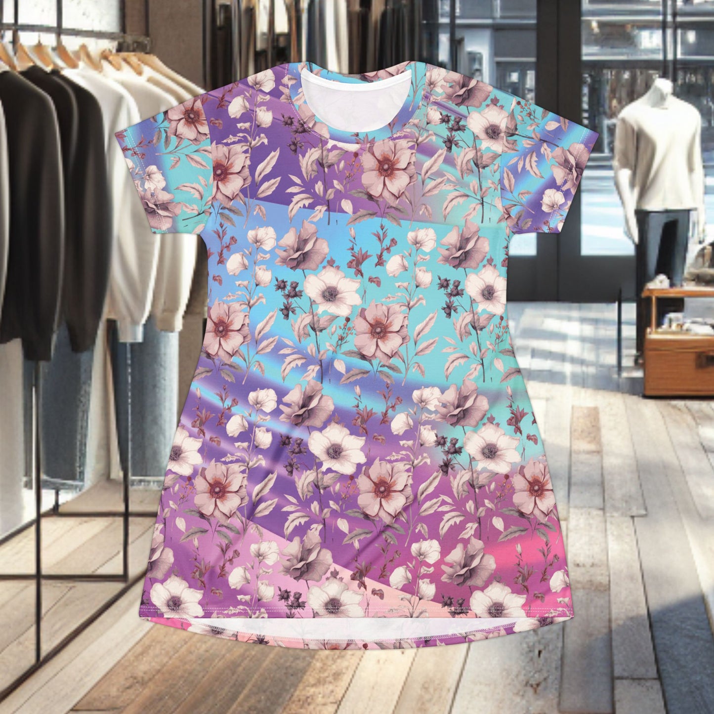 Floral Ombre T-Shirt Dress — Pastel Watercolor Bloom Print