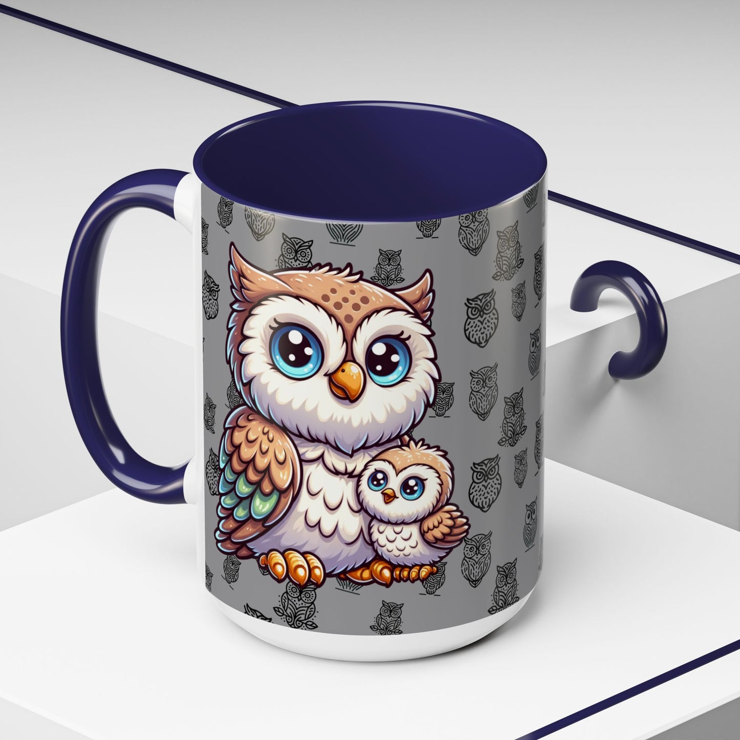 Gray Coffee Mug - Owl Family - Colorful Inspirational Owl Design