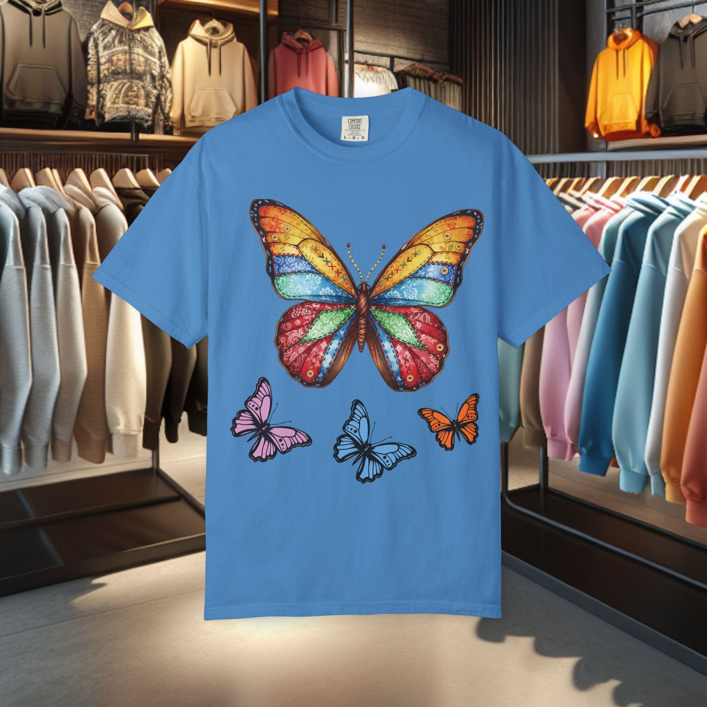 Bright Colorful Patchwork Butterfly T-Shirt — pho Patchwork Garment-Dyed Top