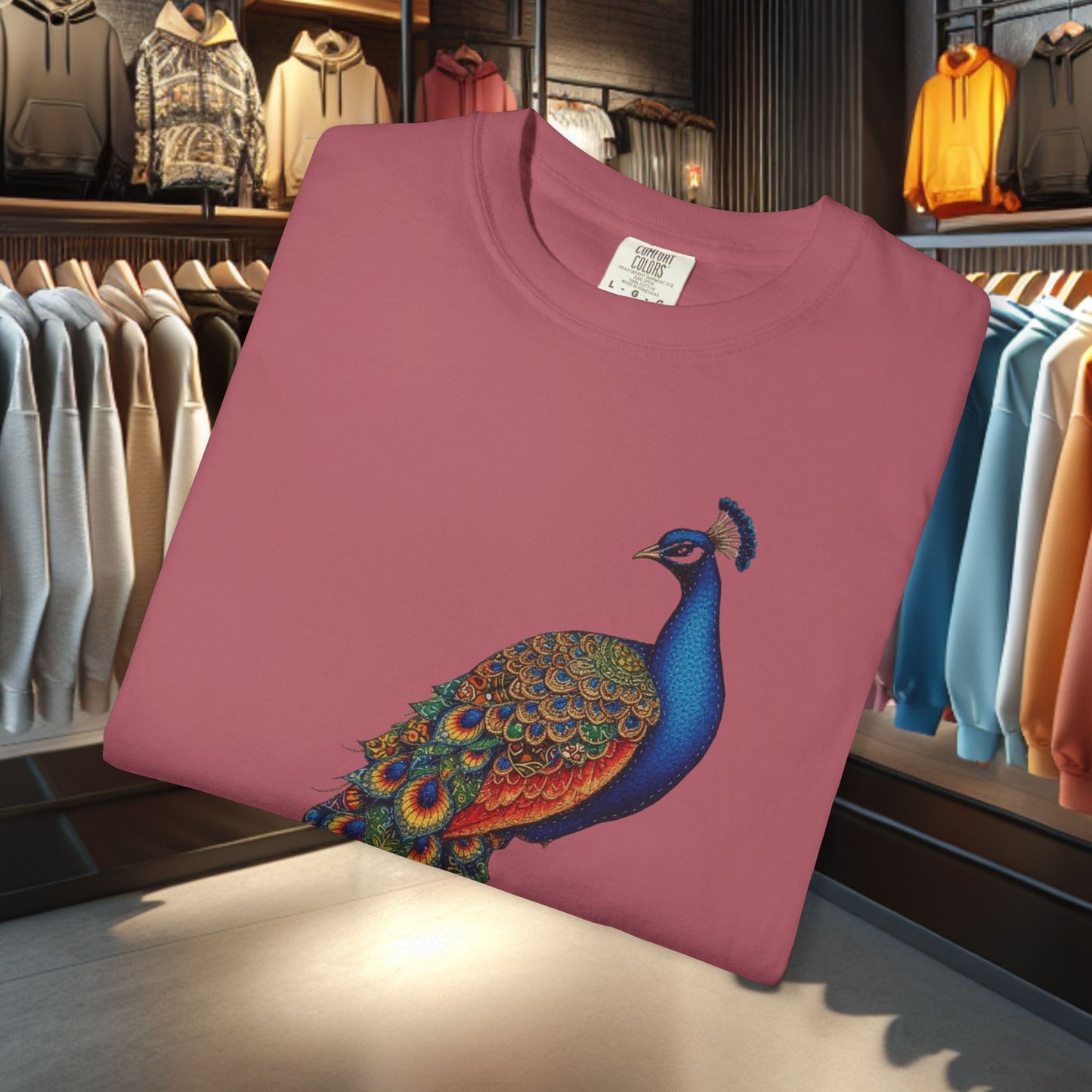 Patchwork Peacock, Garment-Dyed T-Shirt — pho Patchwork Festive Top