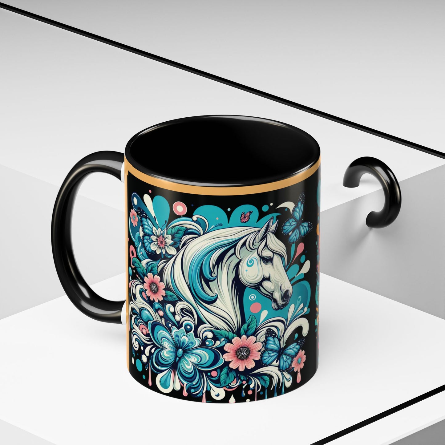 Coffee Mug White Horses with Blue Highlights in Flowers - Mug