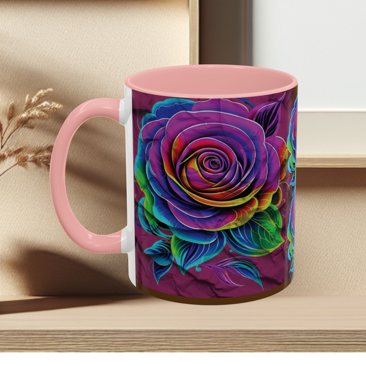 Rainbow Rose Accent Coffee Mug — Colorful Floral 11/15oz