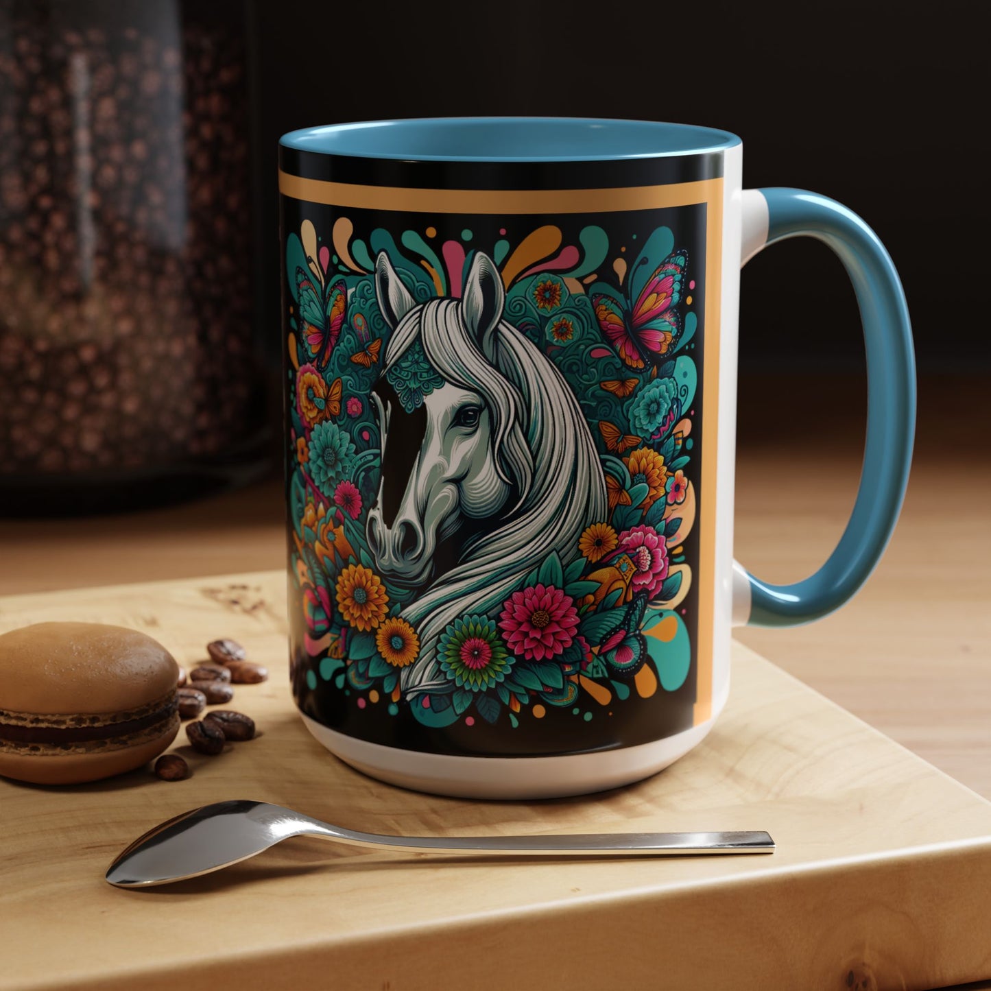 Coffee Mug White Horses with Blue Highlights in Flowers - Mug
