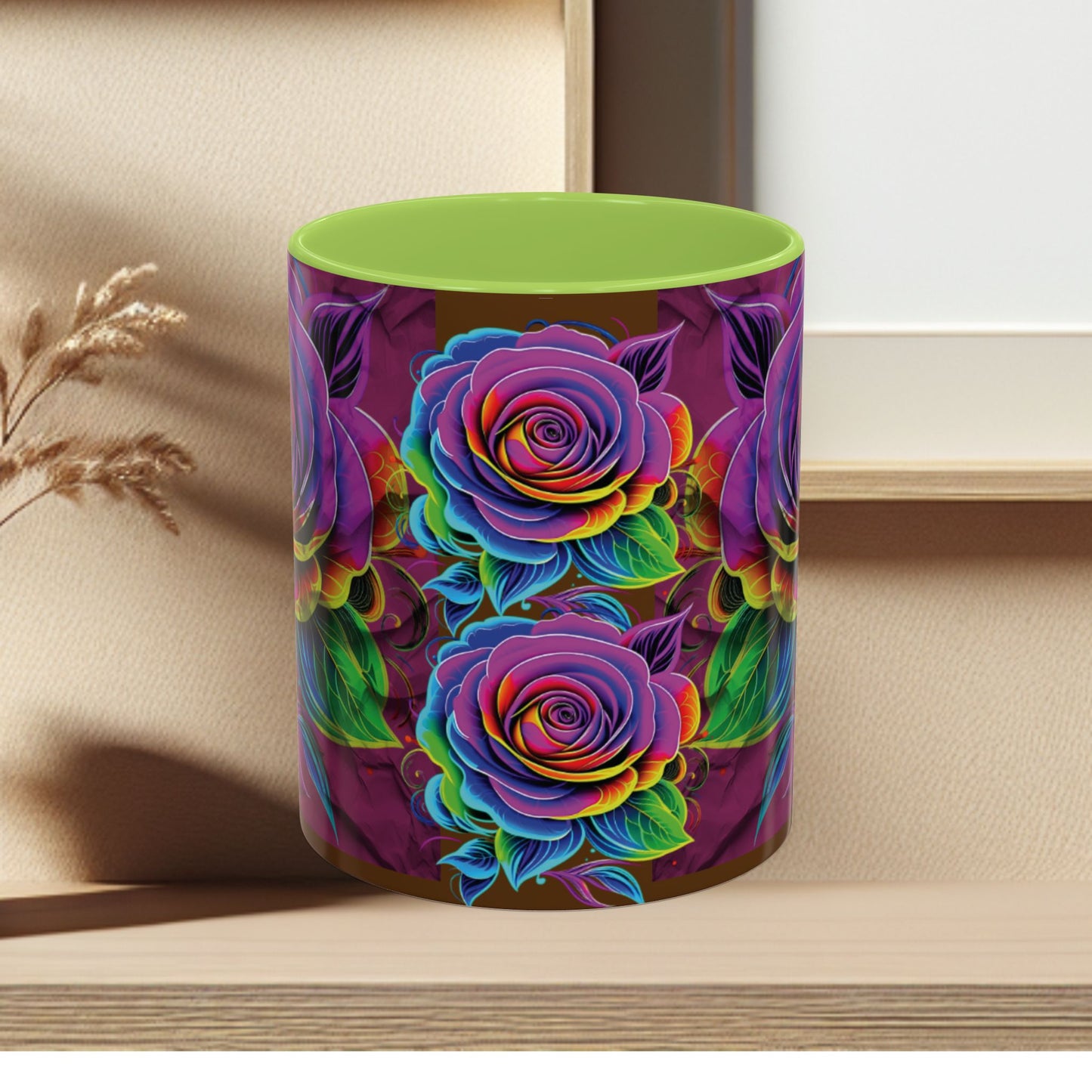 Rainbow Rose Accent Coffee Mug — Colorful Floral 11/15oz