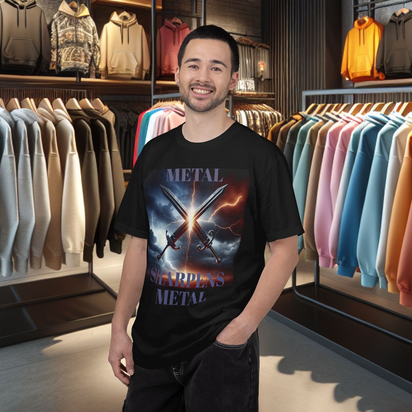 Metal Sharpens Metal Tee — Clashing Swords Thunder & Lighting Graphic T-Shirt