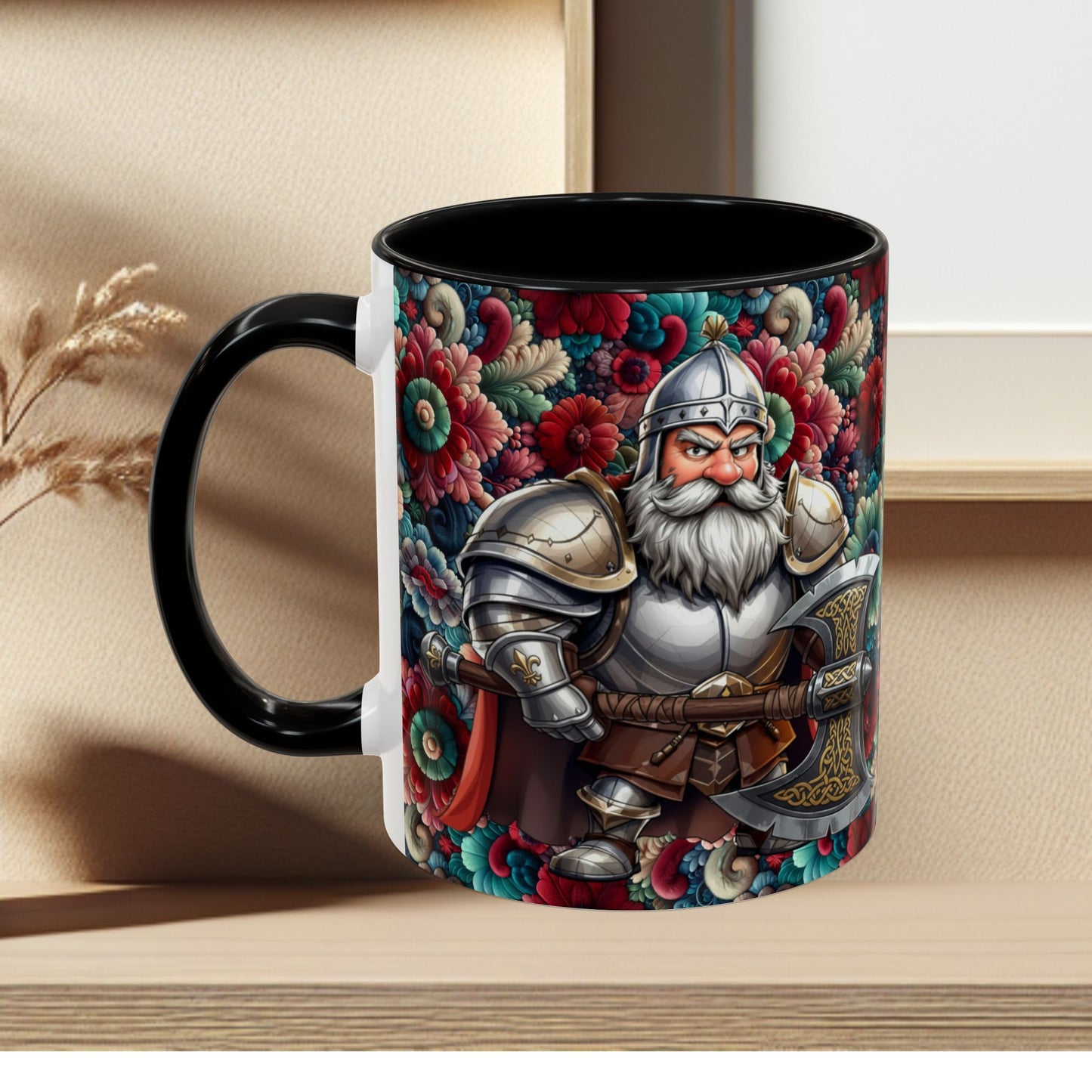 Adventurers Accent Coffee Mug — Dwarf within Armor with a Double-Bladed Battle Axe Design (11/15oz)