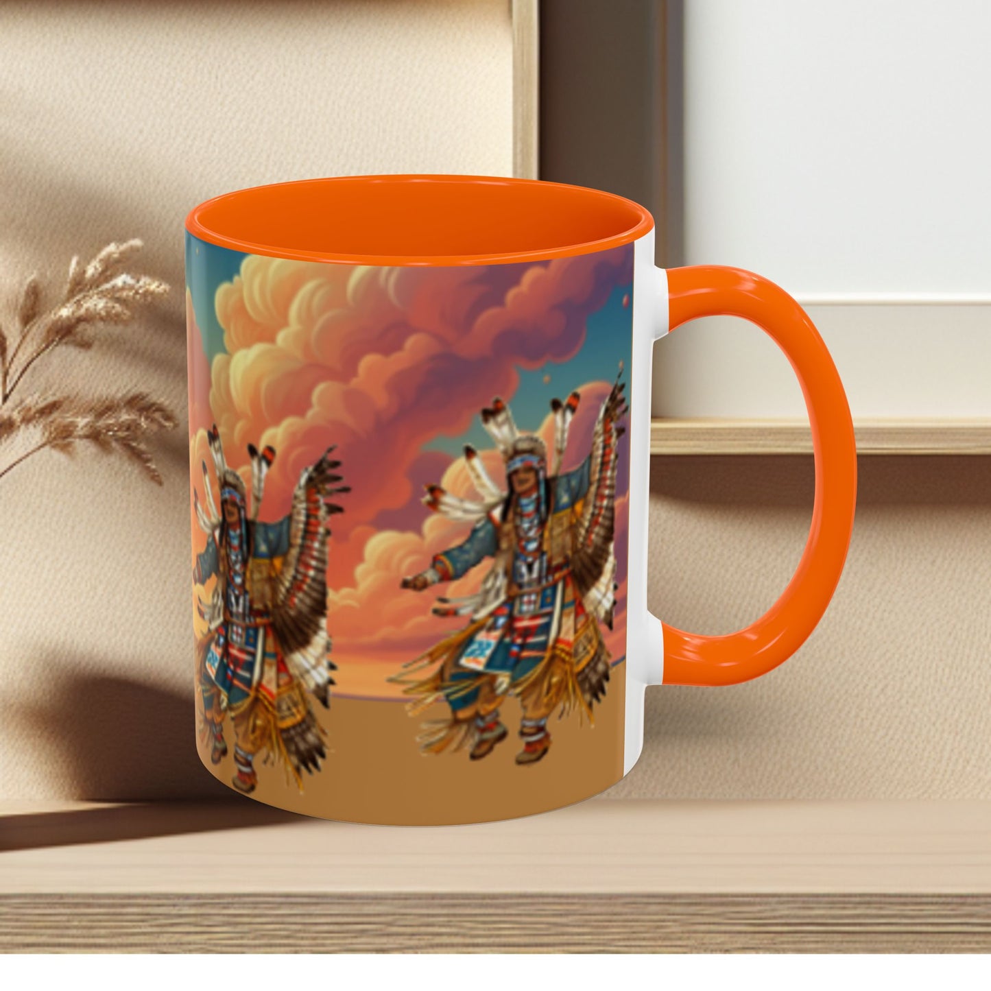 Sunset Powwow Ceramic Mug — Native American Dancer Accent Coffee Mug (11/15oz)