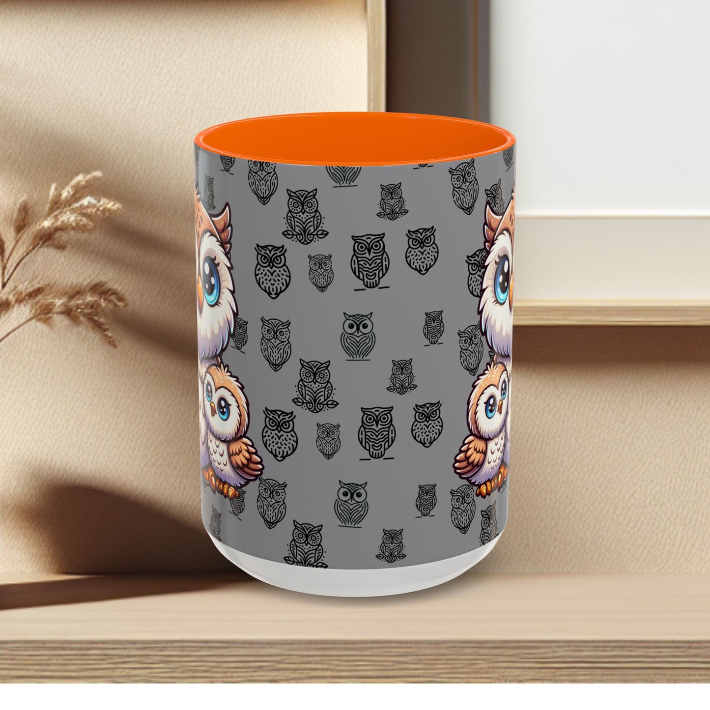 Gray Coffee Mug - Owl Family - Colorful Inspirational Owl Design