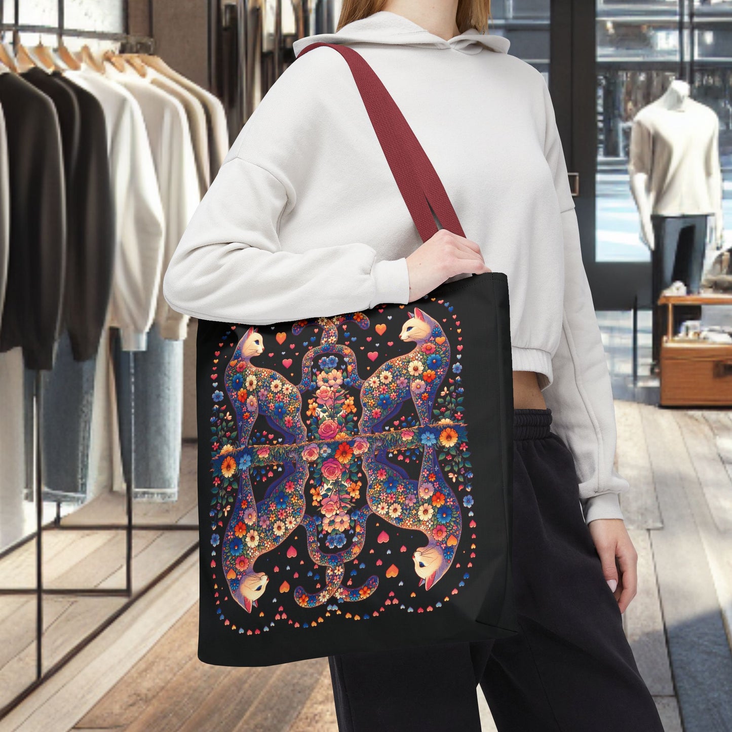 Mosaic Loving Cat Black Tote Bag (AOP)