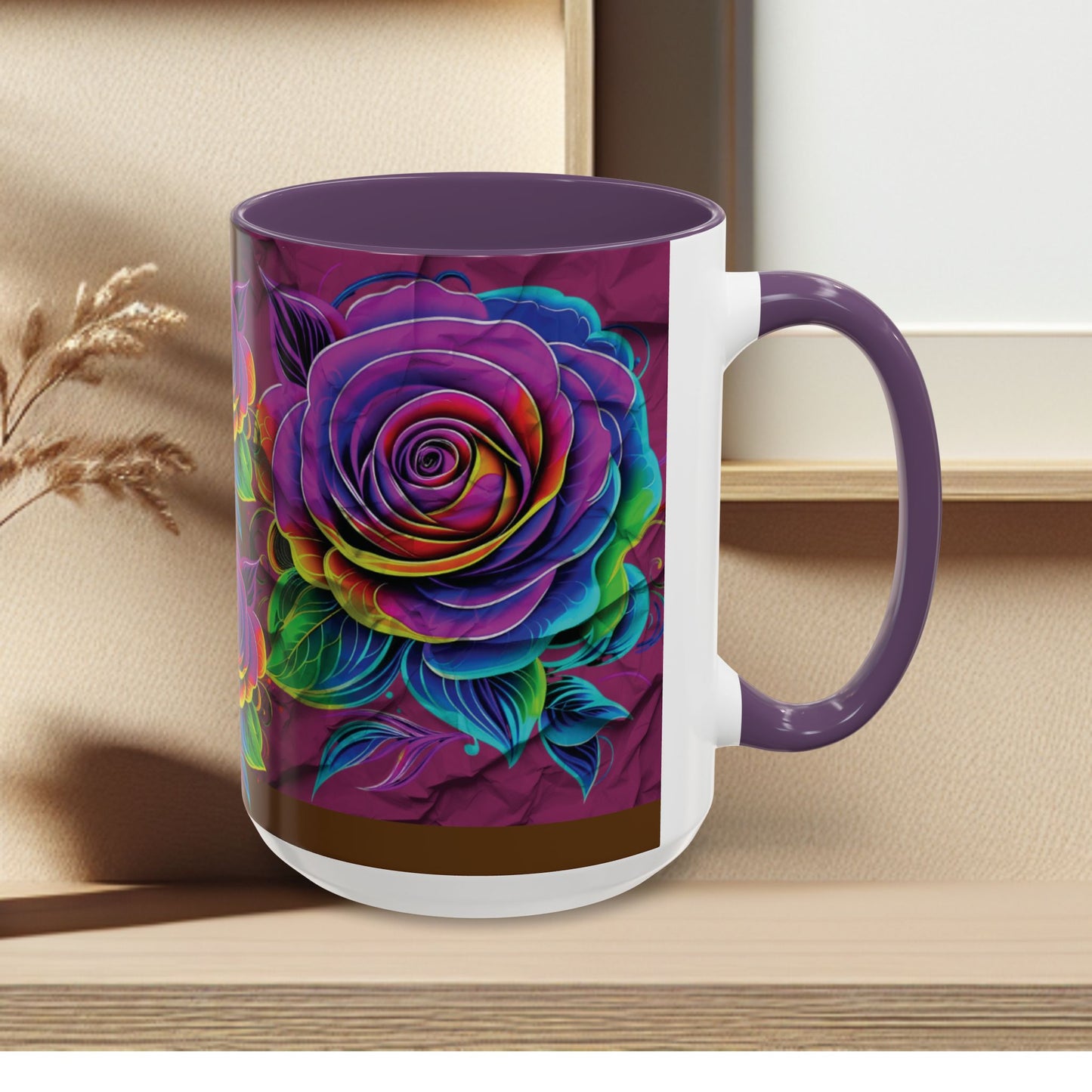 Rainbow Rose Accent Coffee Mug — Colorful Floral 11/15oz