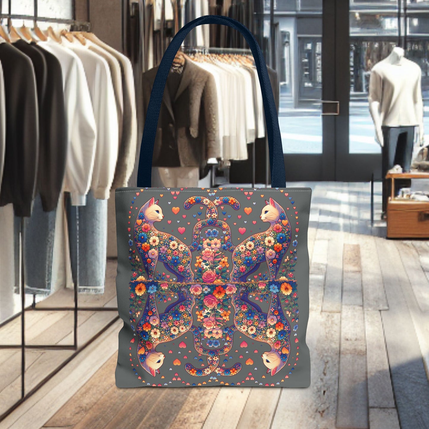 Mosaic Loving Cat Dark Gray Tote Bag (AOP)