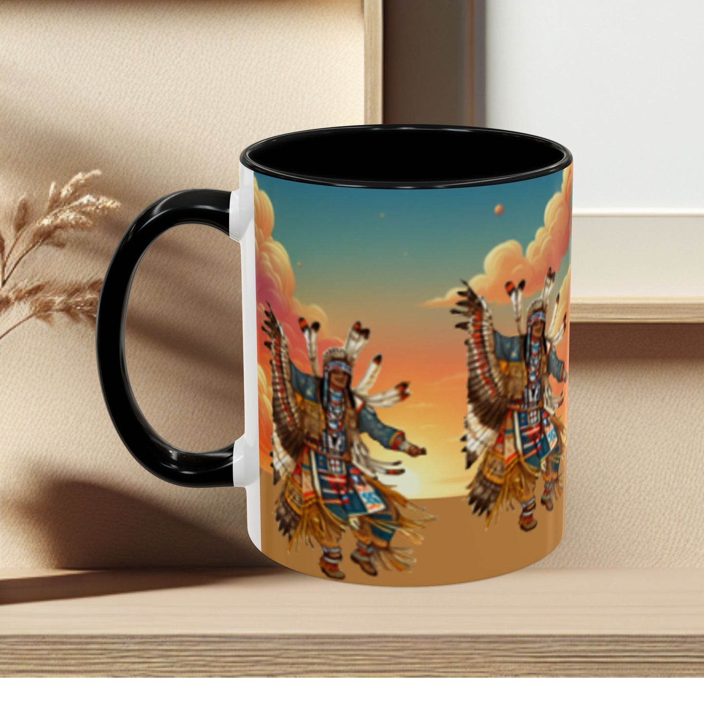 Sunset Powwow Ceramic Mug — Native American Dancer Accent Coffee Mug (11/15oz)