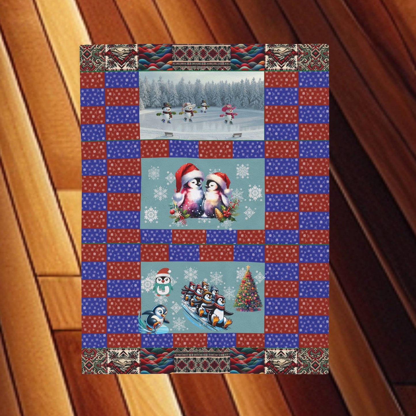 Winter Fun Velveteen Plush Blanket — Snowmen, Penguins & Birds in Love Throw