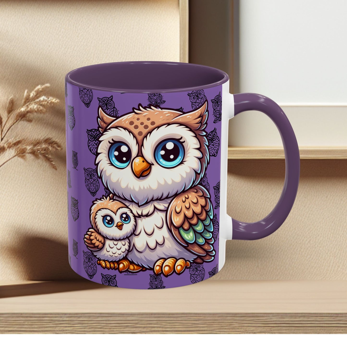 Purple Coffee Mug - Owl Family - Colorful Inspirational Owl Design