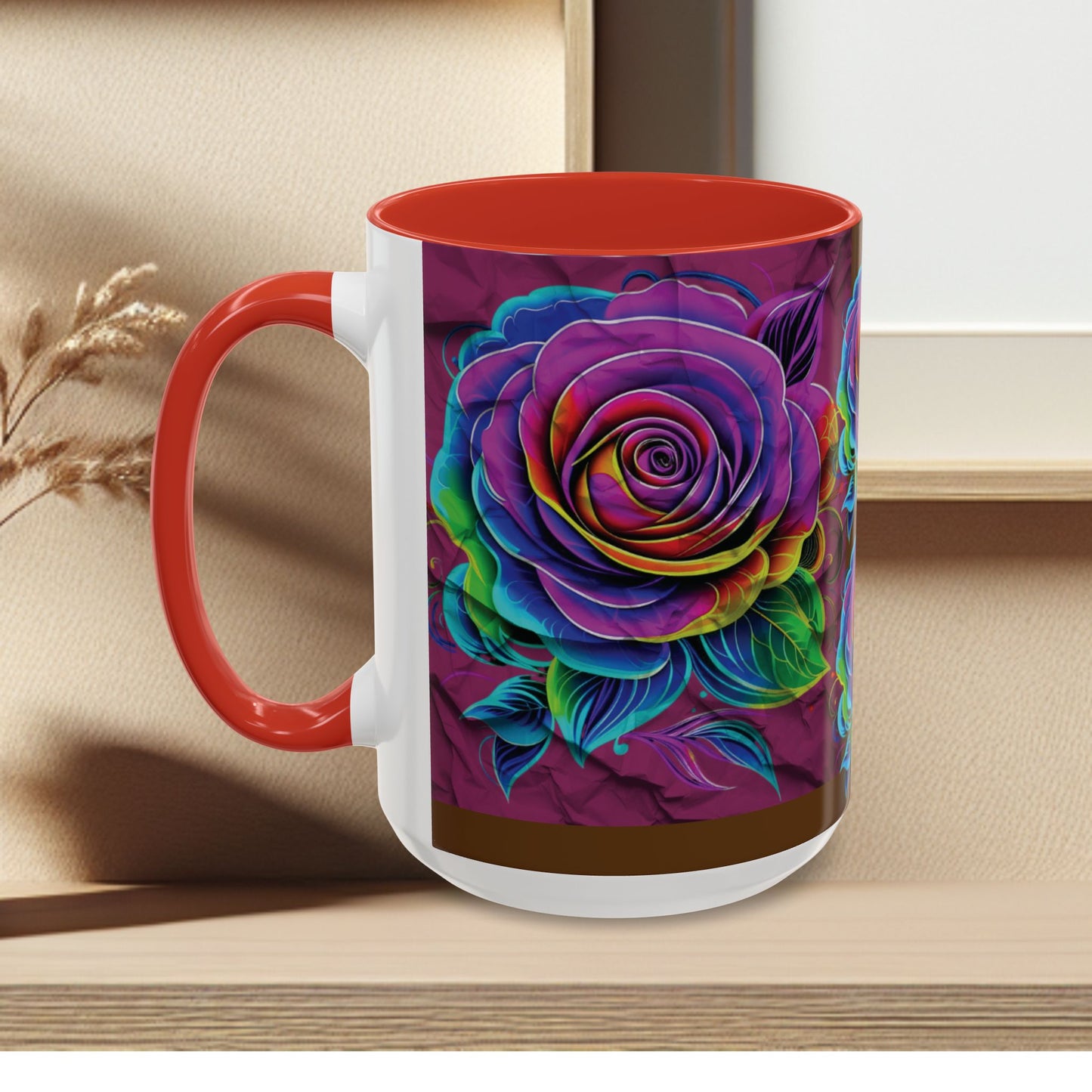 Rainbow Rose Accent Coffee Mug — Colorful Floral 11/15oz