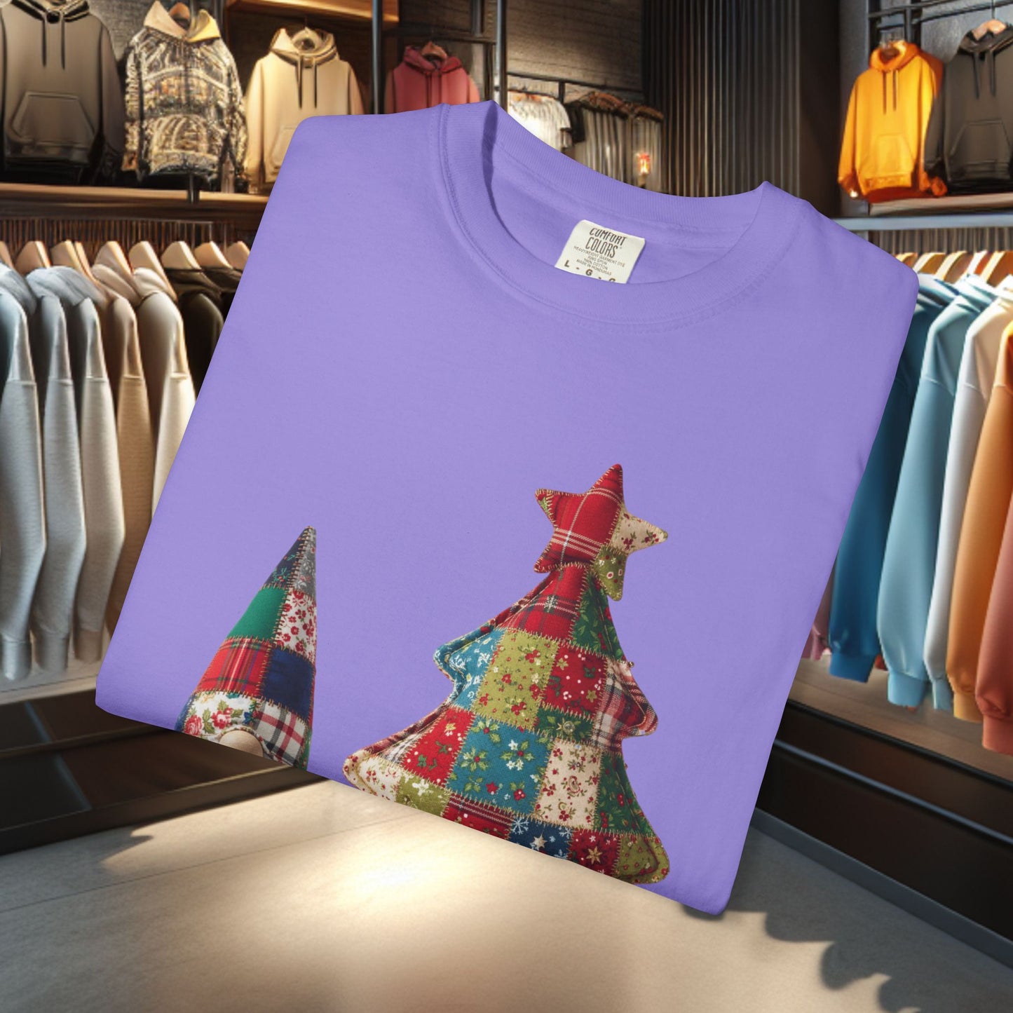 Patchwork Gnome and Christmas Tree, Garment-Dyed T-Shirt — pho Patchwork Festive Top