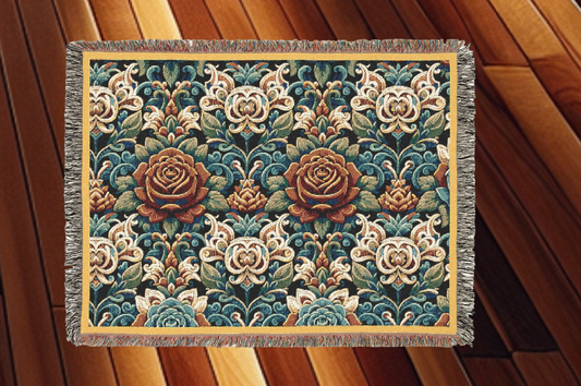 Blanket 80"x60", 60" x 50" - Rose Garden- Woven Blanket with Fringe