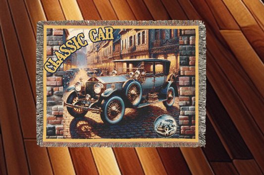 Blanket 80"x60", 60"x50", 52"x37"- Classic Blue Car Woven Blanket w/ Fringe