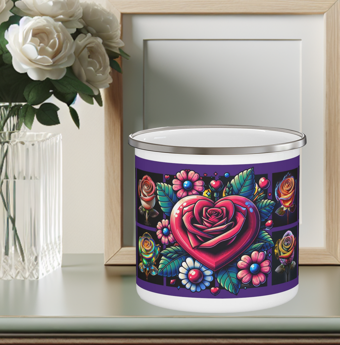 Enamel Mug - Roses Design Purple