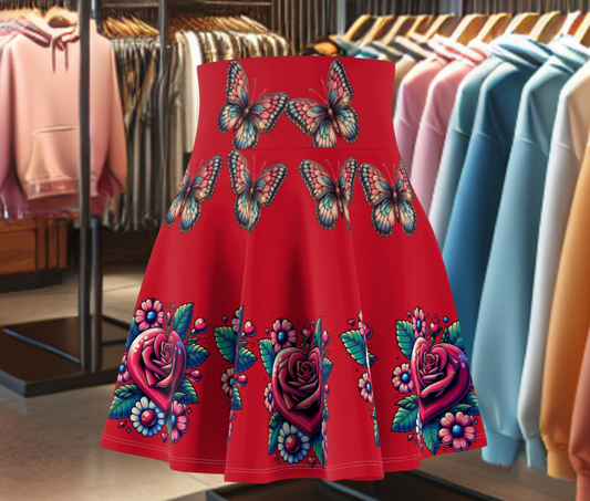 Skater Red Skirt - Floral With Butterflies Vintage Style for Women, Summer and Party Wear, Retro Fashion Gift