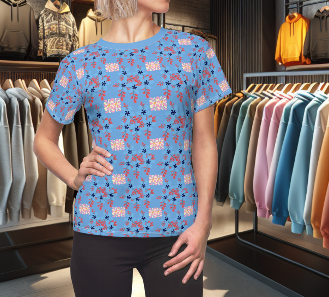 Women's Blue Tee - Feminine Floral Print, Cute Top, Festival Fashion