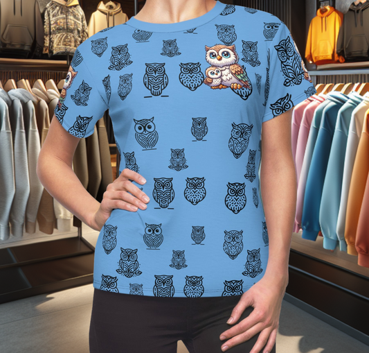 Adorable Owl Print Women's Blue Tee - Cute Owl Shirt for Animal Lovers