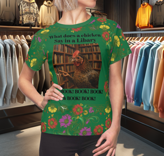 Floral Women's Tee - chicken in the Library - Green Background