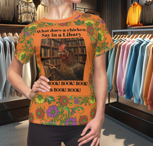 Floral Women's Tee - chicken in the Library - Orange Background