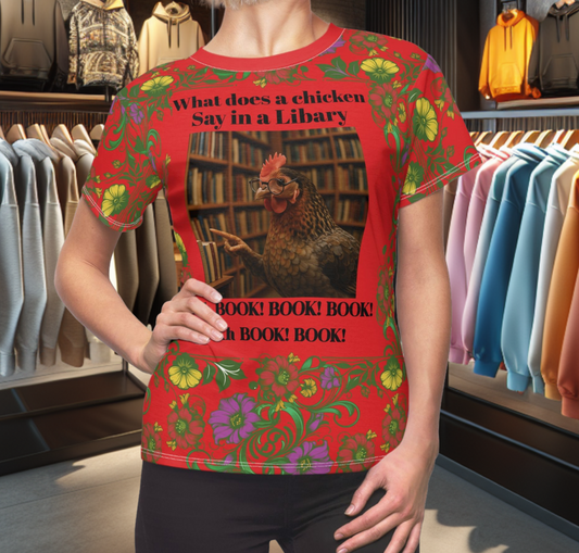 Floral Women's Tee - chicken in the Library - Red Background
