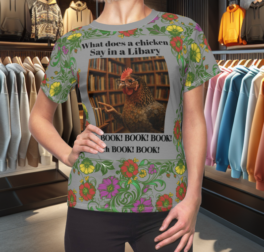 Floral Women's Tee - chicken in the Library - Gray Background
