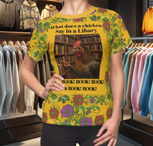 Floral Women's Tee - chicken in the Library - Yellow Background