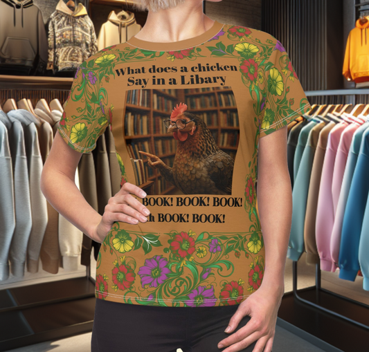 Floral Women's Tee - chicken in the Library - Brown Background