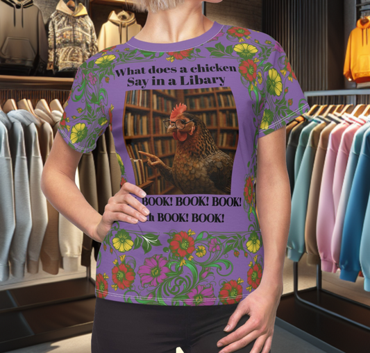 Floral Women's Tee - chicken in the Library - Purple Background