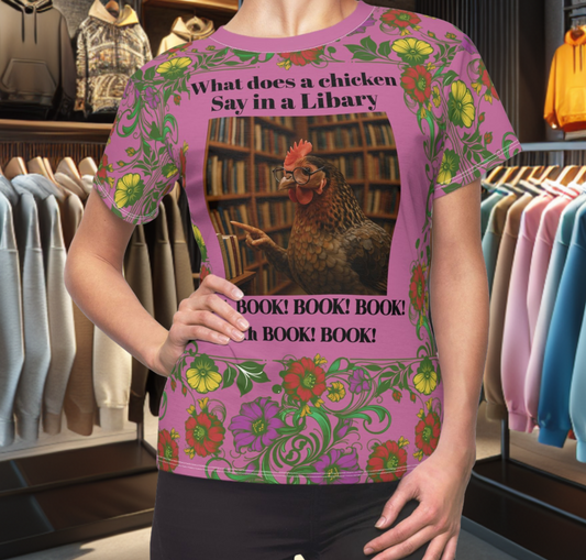 Floral Women's Tee - chicken in the Library - Pink Background