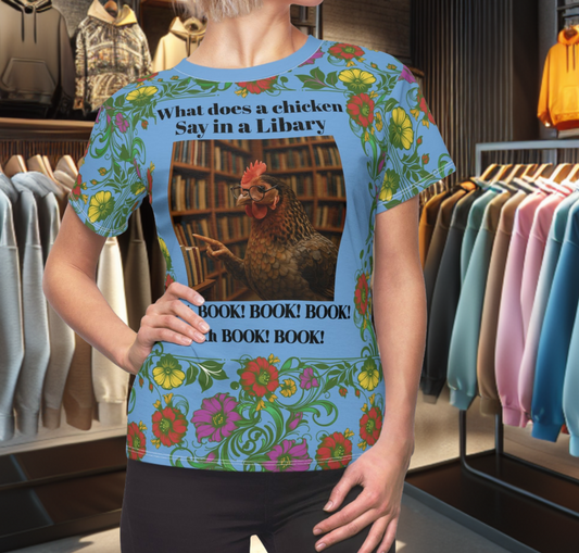 Floral Women's Tee - chicken in the Library - Blue Background