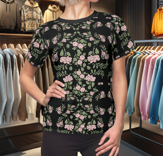 Women's Tee - Black with a feminine pink floral print